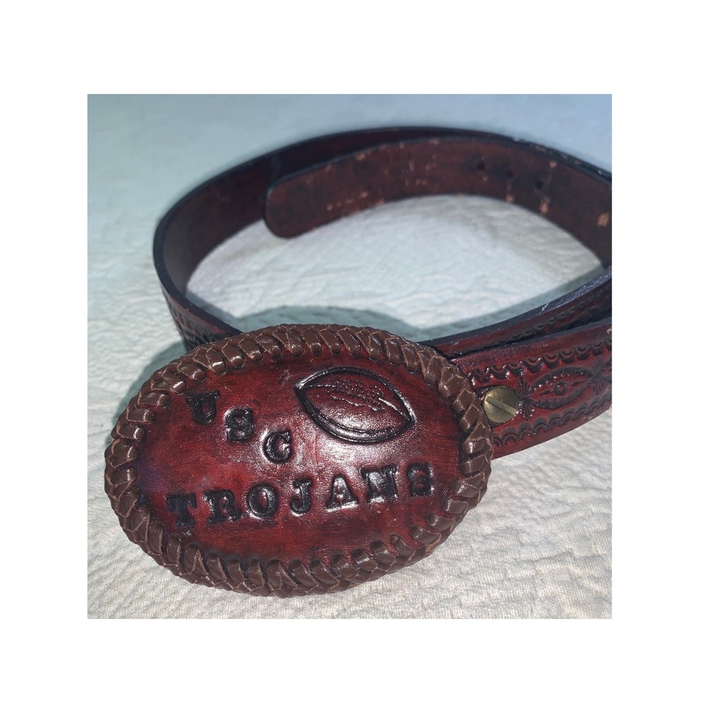 Vintage USC Trojans Handmade Tooled Leather Belt Western Football Buckle Brown